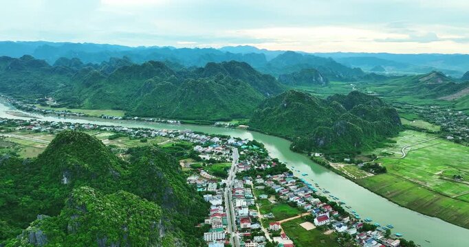 Aerial view of Phong Nha in Northern Vietnam. Phong Nha is home to the world's largest cave, Hang Son Doong. It is almost 3 million years old and is the ultimate adrenaline-filled cave experience.