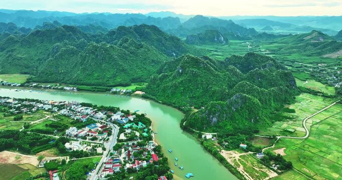 Aerial view of Phong Nha in Northern Vietnam. Phong Nha is home to the world's largest cave, Hang Son Doong. It is almost 3 million years old and is the ultimate adrenaline-filled cave experience.