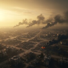 Aerial view of a city at sunset with smoke rising.