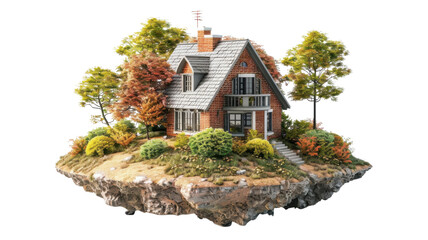 A house on a floating island on transparent background