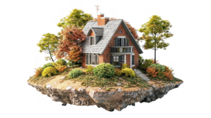 A house on a floating island on transparent background