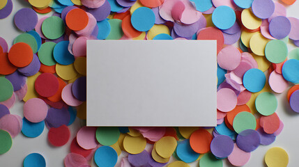 A blank white card is surrounded by a vibrant and colorful confetti