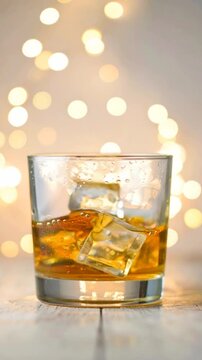 Amber Whiskey With Ice Cubes In A Glass With Falling Drops And Golden Bokeh Lights Background
