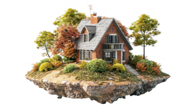 A house on a floating island on transparent background