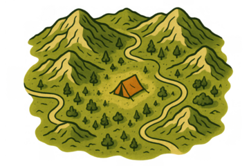 Camping tent in a mountain forest map illustrating adventure, travel, and wilderness exploration on transparent background