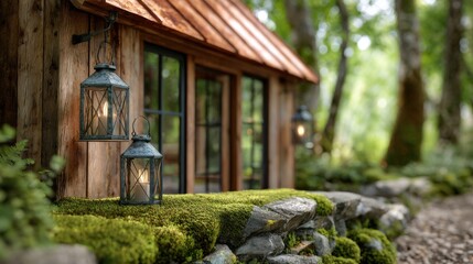 cottagecore timber cabin in forest, warm rust metal roof, glass lanterns hanging, mossy stones, dappled woodland daylight, 24 mm lens, depth of field