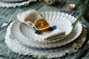 Christmas dinner table setting. Winter themed table decor.