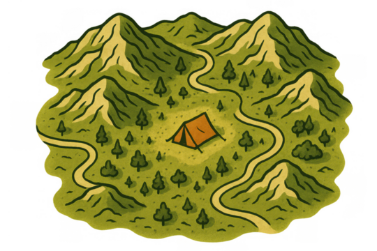 Camping tent in a mountain forest map illustrating adventure, travel, and wilderness exploration on transparent background - Powered by Adobe
