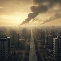 Apocalyptic Cityscape with Smoke Plumes Rising.