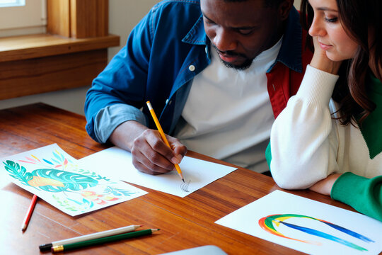 Black man and woman sitting at wooden table drawing with pencils on paper, focusing on creating colorful artwork together, both appearing as young adults