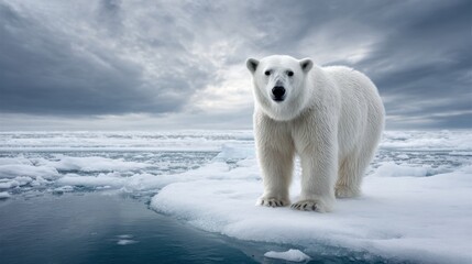 polar bear standing on floating ice in arctic ocean, dramatic sky, cold tones, cinematic wildlife photography