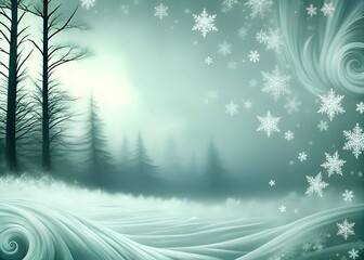 Winter landscape with snowflakes and misty trees in the background  