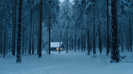 Snowy forest at dusk, cold blue tones, warm glow from a distant cabin