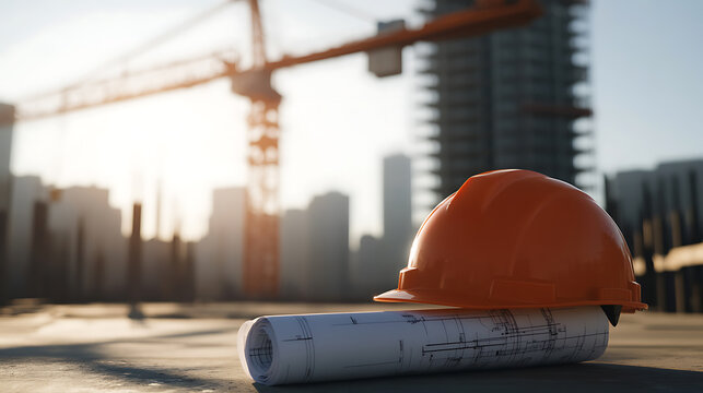 Blueprint and hardhat construction scene with a crane and buildings in the background. Represents the planning and execution of architectural designs in urban environments.