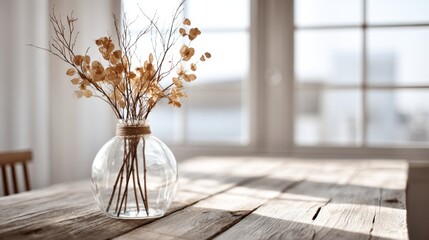 transparent vase with dry autumn twigs on a rustic wooden table, light streaming through window, cinematic minimalism