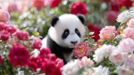 ultra realistic photo of baby panda cub playing in rose garden, surrounded by blooming red and white roses, soft daylight, , real photography