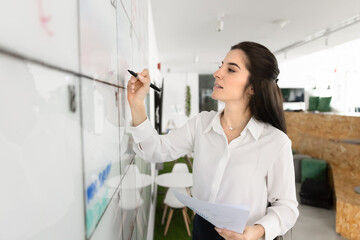 Young woman executive analyze printed graphs writing on planning board
