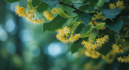 Blooming Linden Tree Branch with Yellow Flowers  Green Leaves, and Blurred Bokeh Background.