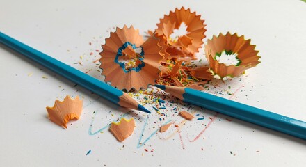 Blue pencils and colorful pencil shavings on a white paper background Creative art.