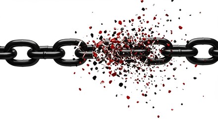 Breaking Free Black chain shattering against a clean white background with concept.