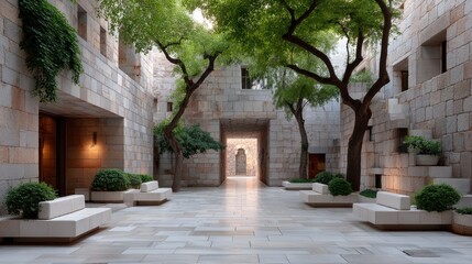Tranquil Stone Courtyard Oasis With Lush Green Trees And White Benches Illuminated By Soft Natural Light Creating A Serene Atmosphere