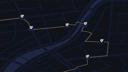 Dark Mode Navigation Map with Delivery Route and Stopping Points. Urban Cityscape with Glowing Location Markers and Bright Yellow Pathway on Digital Interface. Vector illustration