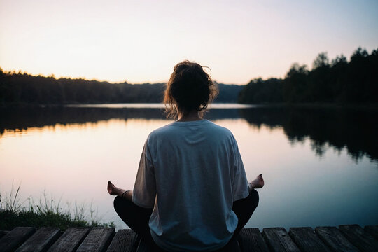 Mujer meditando junto al lago al atardecer