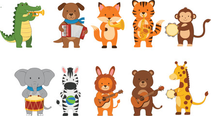Cartoon animals, musical instruments, kids band, animal orchestra, fun zoo characters, music party, children illustration, jungle concert, playful art, education © Shafiqul