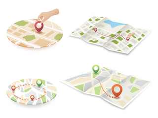 Isometric Vector Map Navigation Collection Showing Location Pinning Route Planning Multi-Stop Journeys and Travel Direction with Human Hand Interactions on Digital Interface. Vector illustration