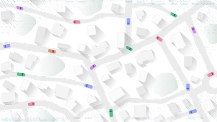 City map displays colorful vehicles navigating through residential streets and soft building shadows against minimalist white background. Vector illustration