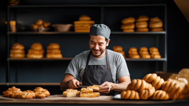 Bakery chef cutting fresh bread in small artisan shop filled with baked goods, highlighting traditional culinary skills, homemade quality, and craftsmanship concept