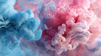 Abstract, swirling clouds of vibrant pink and blue ink creating a mesmerizing visual display