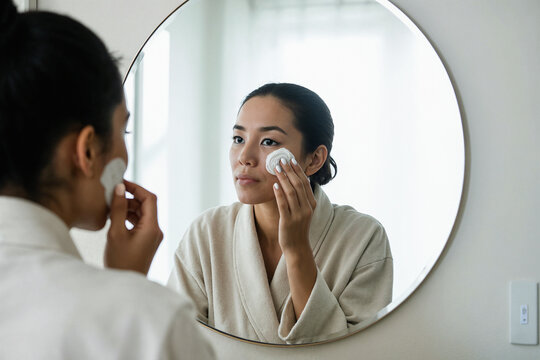 Mujer haciendo Rutina de cuidado facial frente al espejo