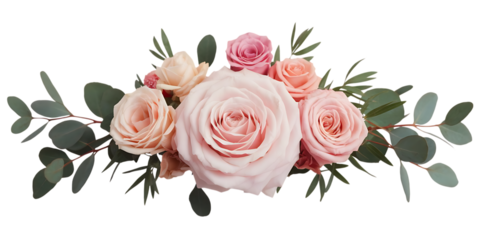 Delicate arrangement of pale pink and peach roses, with eucalyptus leaves, cutout, PNG isolated on white or transparent background