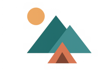 Camping tent with geometric mountains and sun, experiencing outdoor adventure, minimalist style, transparent background
