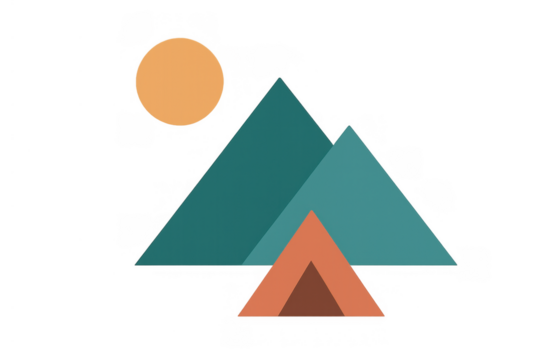 Camping tent with geometric mountains and sun, experiencing outdoor adventure, minimalist style, transparent background