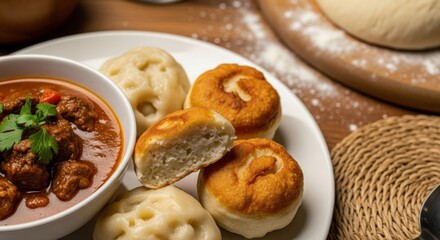 Fluffy Bahamian Dumplings with Stew on White Plate &ndash; Wooden Dough Board & Straw Market Cloth | Warm Home Light