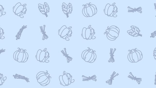 Animated Vegetables - Seamless Pattern of Pumpkins, Leeks, Artichokes on Light Blue Background.