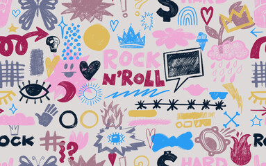 Seamless pattern charcoal graffiti doodle with punk, girly vibe. Hand drawn abstract scribbles, scrawls, curly lines. Creative sketchy shapes in rock inspired artistic vector style seamless pattern.