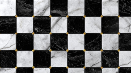 A close-up shot of a checkered black and white tile floor with golden accents