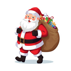Jolly santa claus carrying a sack full of gifts on christmas eve holiday celebration