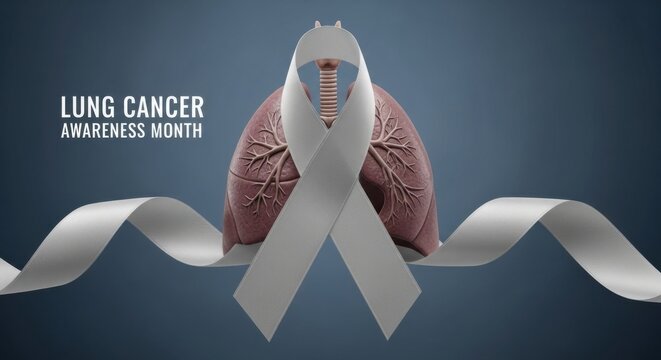 Lung Cancer Awareness Month concept with human lungs and white ribbon on blue background, symbolizing health care, prevention, and medical support