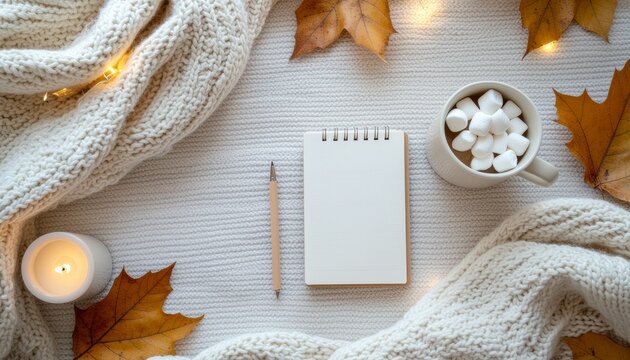 Blank Notebook with Hot Cocoa and Autumn Leaves