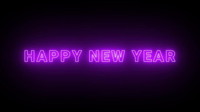 Glowing purple neon &ldquo;Happy New Year&rdquo; text on a dark gradient background. Futuristic festive greeting design perfect for holiday animations, celebration graphics, digital cards, banners and seasonal pr