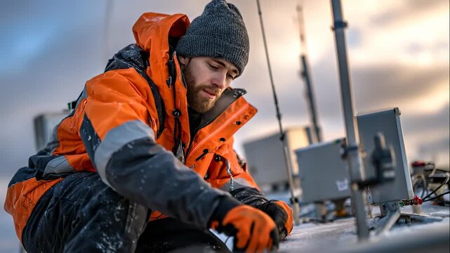 Young Caucasian Engineer Works on Scientific Equipment at an Arctic Research Station