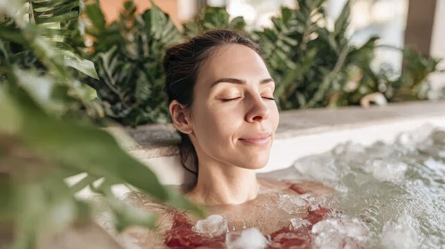 Relaxed woman enjoying ice bath therapy amidst lush greenery