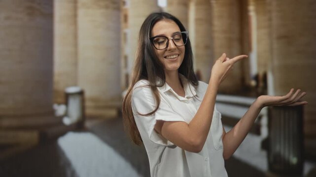 Young hispanic woman pointing with her hand and open palm on old town street by stone columns; confidence warmth.