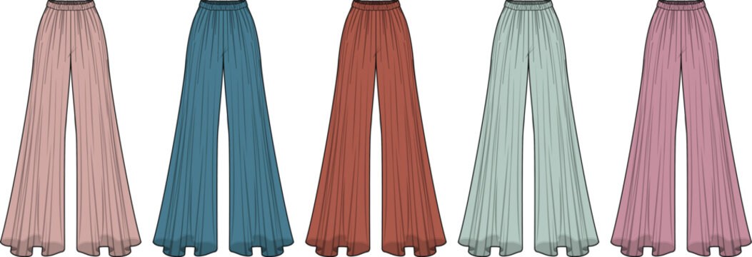 A vibrant collection of five high-waisted, flowing palazzo pants in assorted earth-toned and pastel shades, showcasing elegant fabric drapes and a bohemian aesthetic