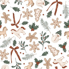 Obraz premium Christmas seamless pattern with symbol new year 2026, horses, pine branches, for tree, bow. Repeat ornament with illustration holly and red berries and sweet cookie gingerbread and snowman.