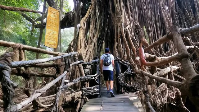 Captivating video of a man exploring the enchanting Banyan Tree Root Bridge in Meghalaya